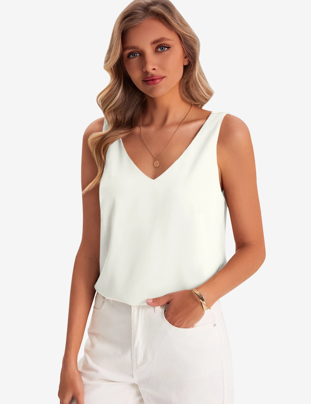 Womens White V Neck Satin Tank Tops 1