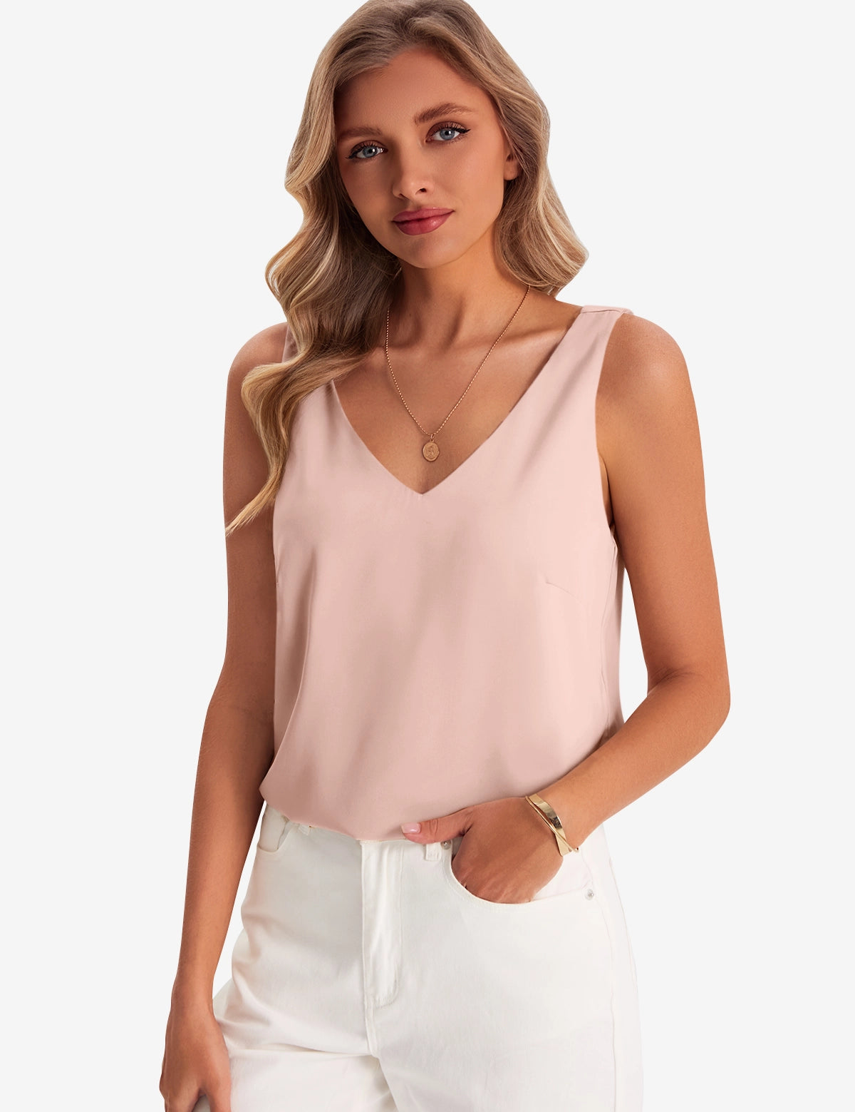 Womens Pink V Neck Satin Tank Tops 1