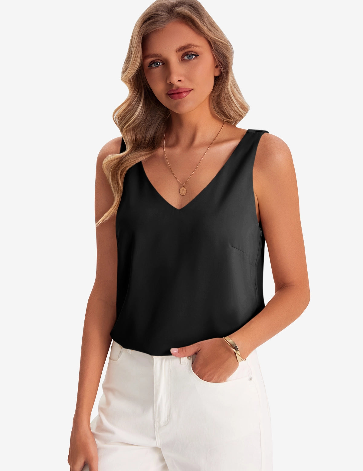 Womens Black V Neck Satin Tank Tops 1