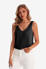 Womens Black V Neck Satin Tank Tops 1