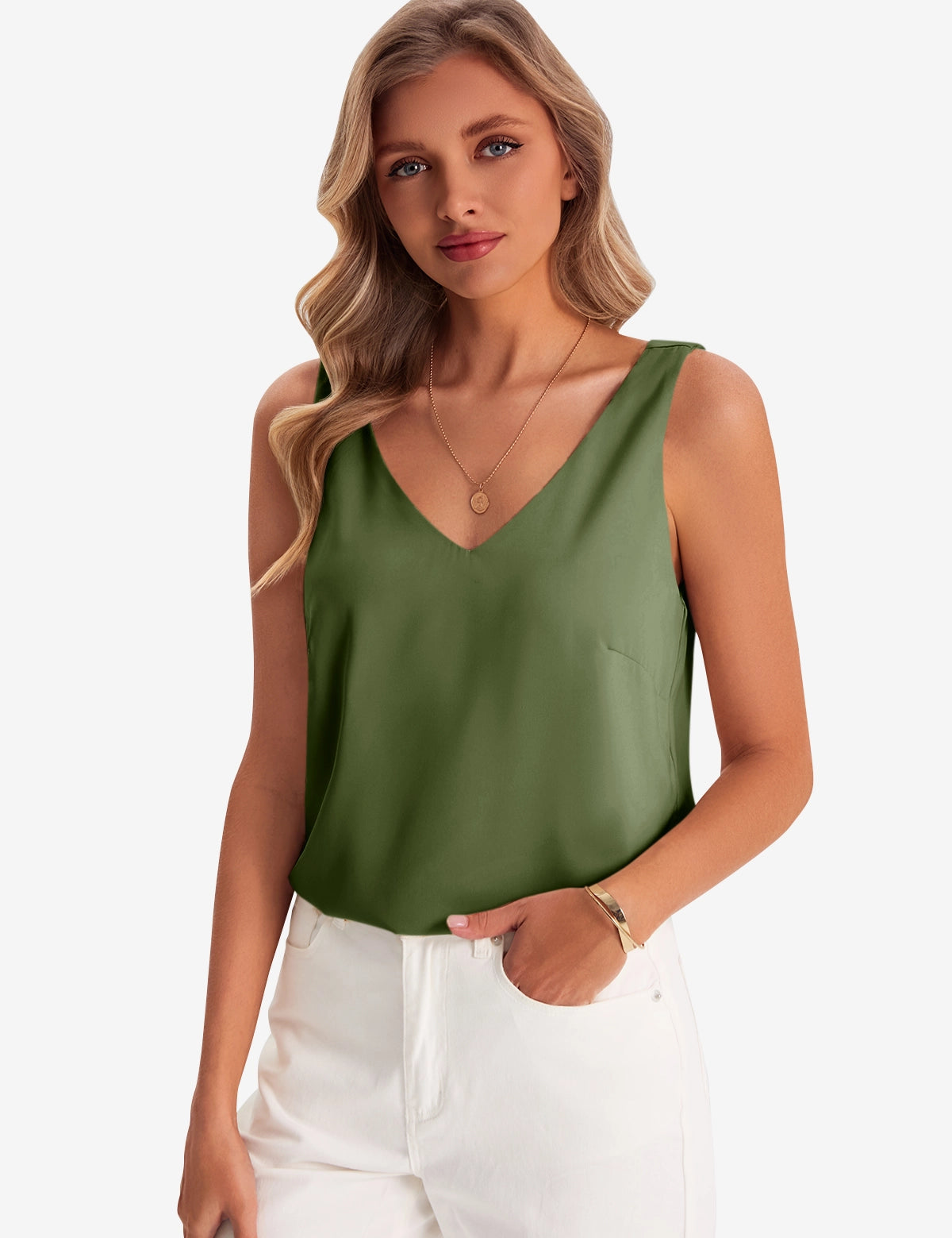 Womens Army Green V Neck Satin Tank Tops 1