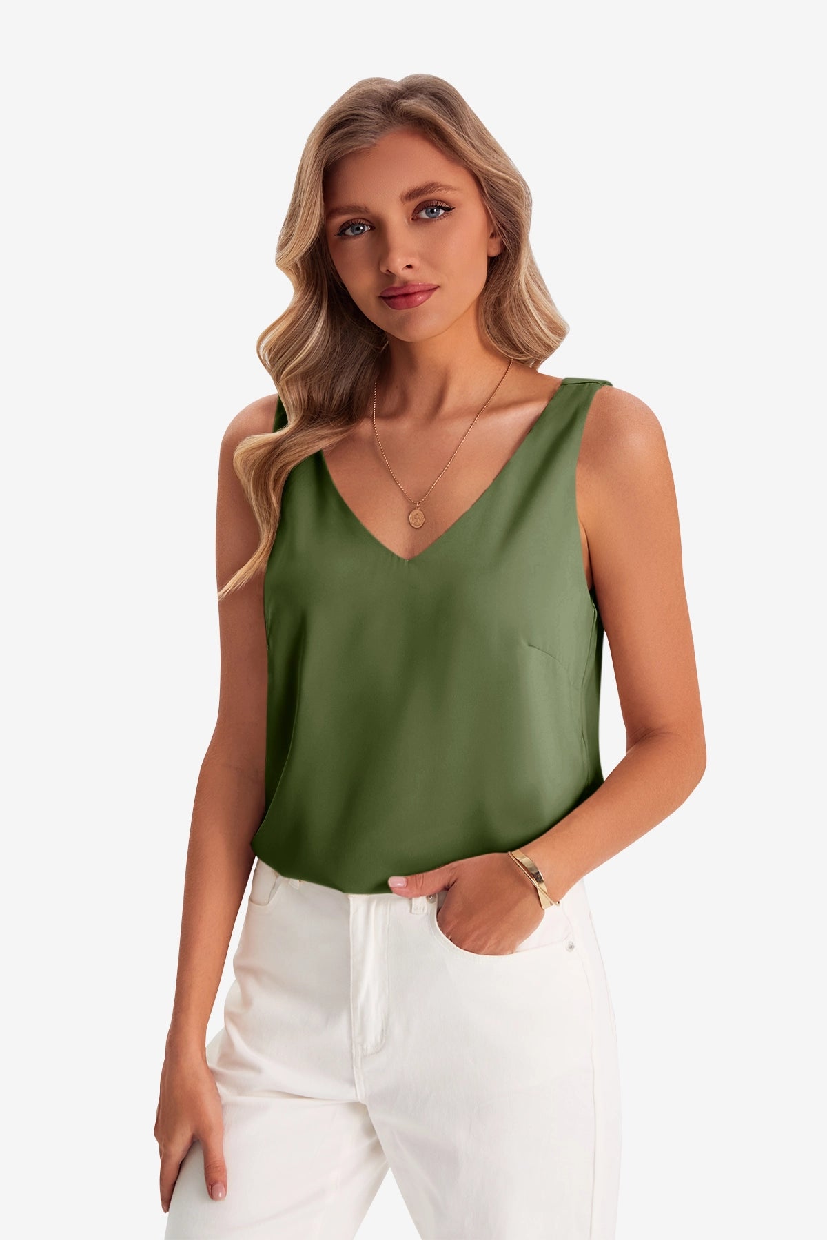 Womens Army Green V Neck Satin Tank Tops 1