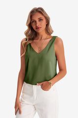 Womens Army Green V Neck Satin Tank Tops 1