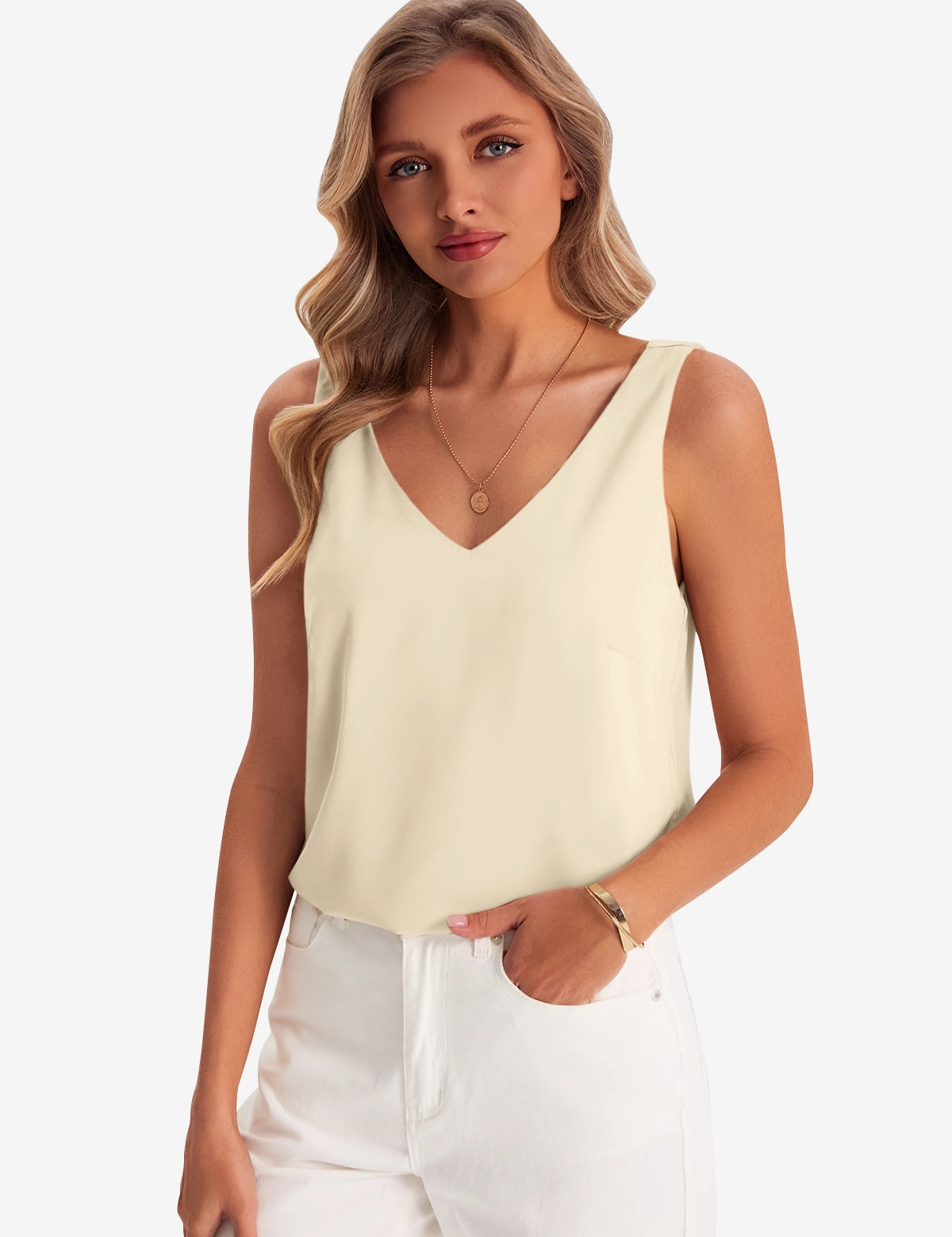 Womens Beige V Neck Satin Tank Tops 1
