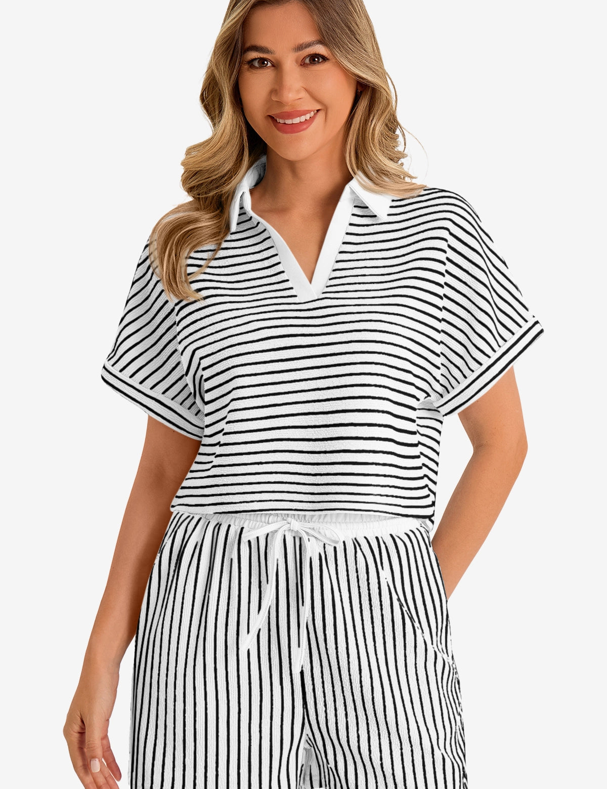 Womens White Striped 2 Piece Sets 1