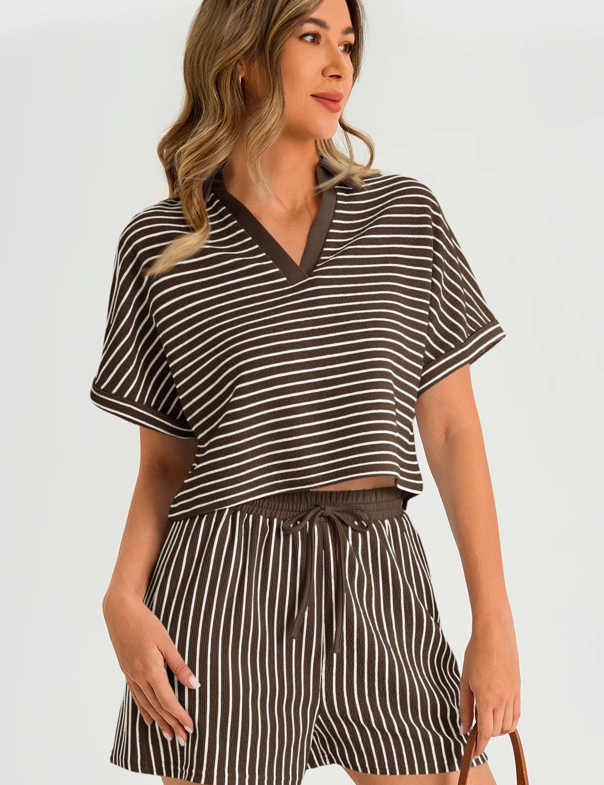 Womens Coffee Striped 2 Piece Sets 2