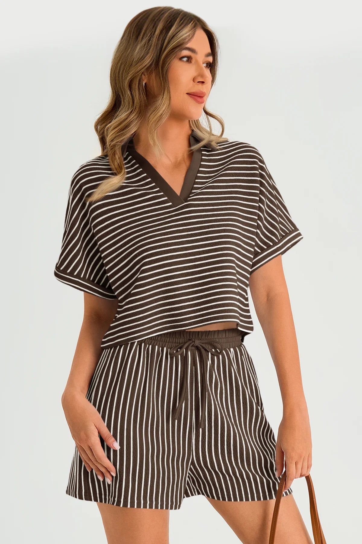 Womens Coffee Striped 2 Piece Sets 2