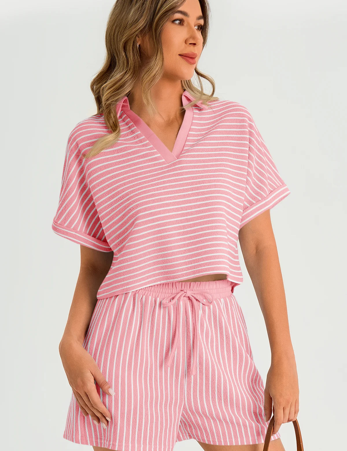 Womens Pink Striped 2 Piece Sets 2