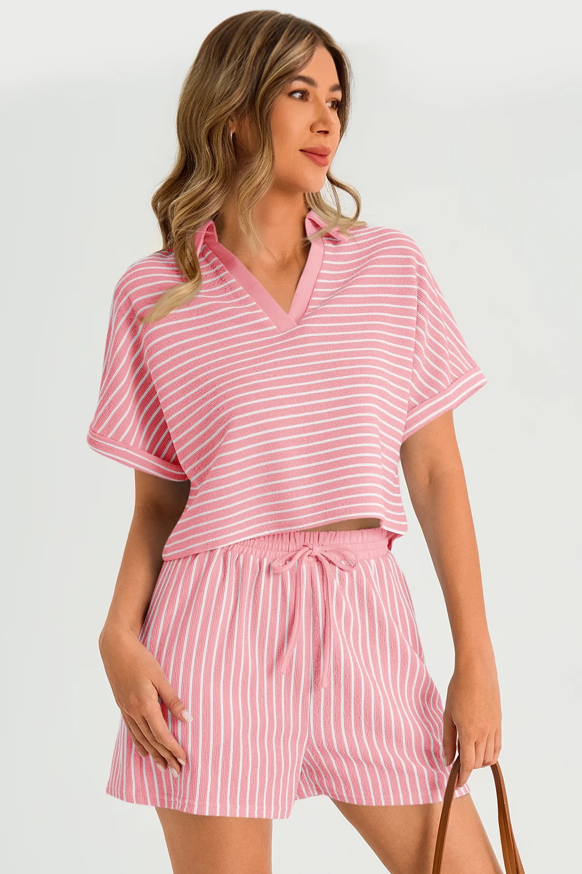 Womens Pink Striped 2 Piece Sets 2