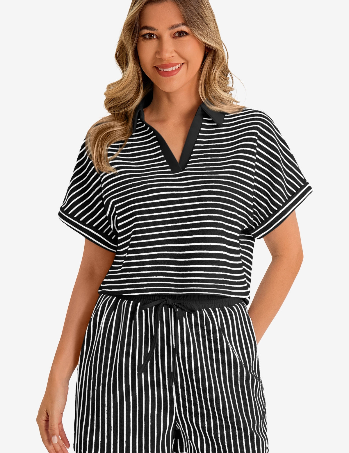 Womens  Black Striped 2 Piece Sets 1