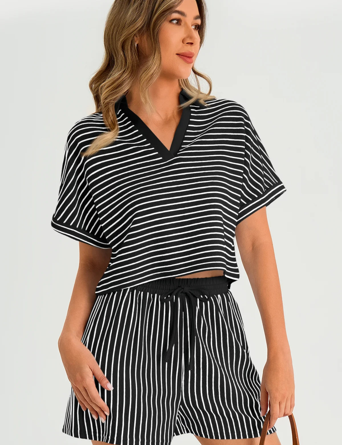 Womens  Black Striped 2 Piece Sets 2