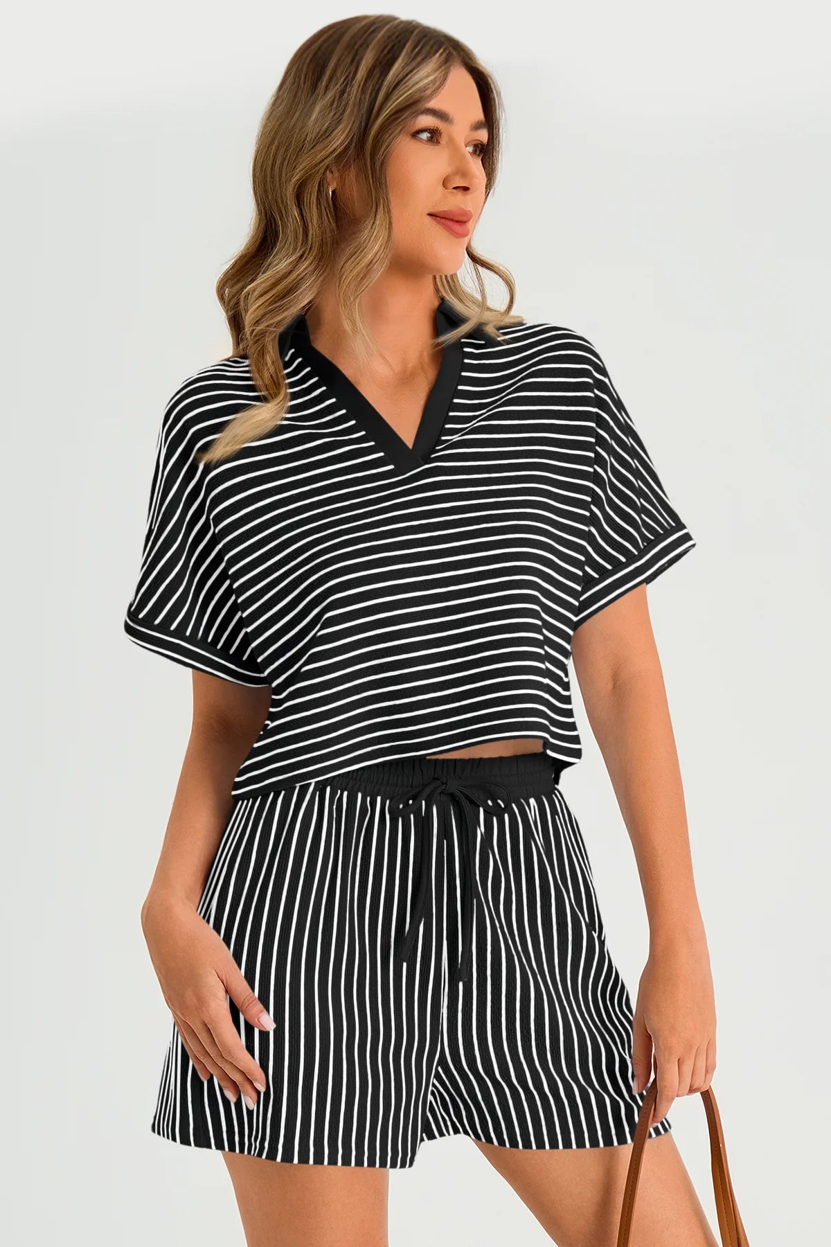 Womens  Black Striped 2 Piece Sets 2