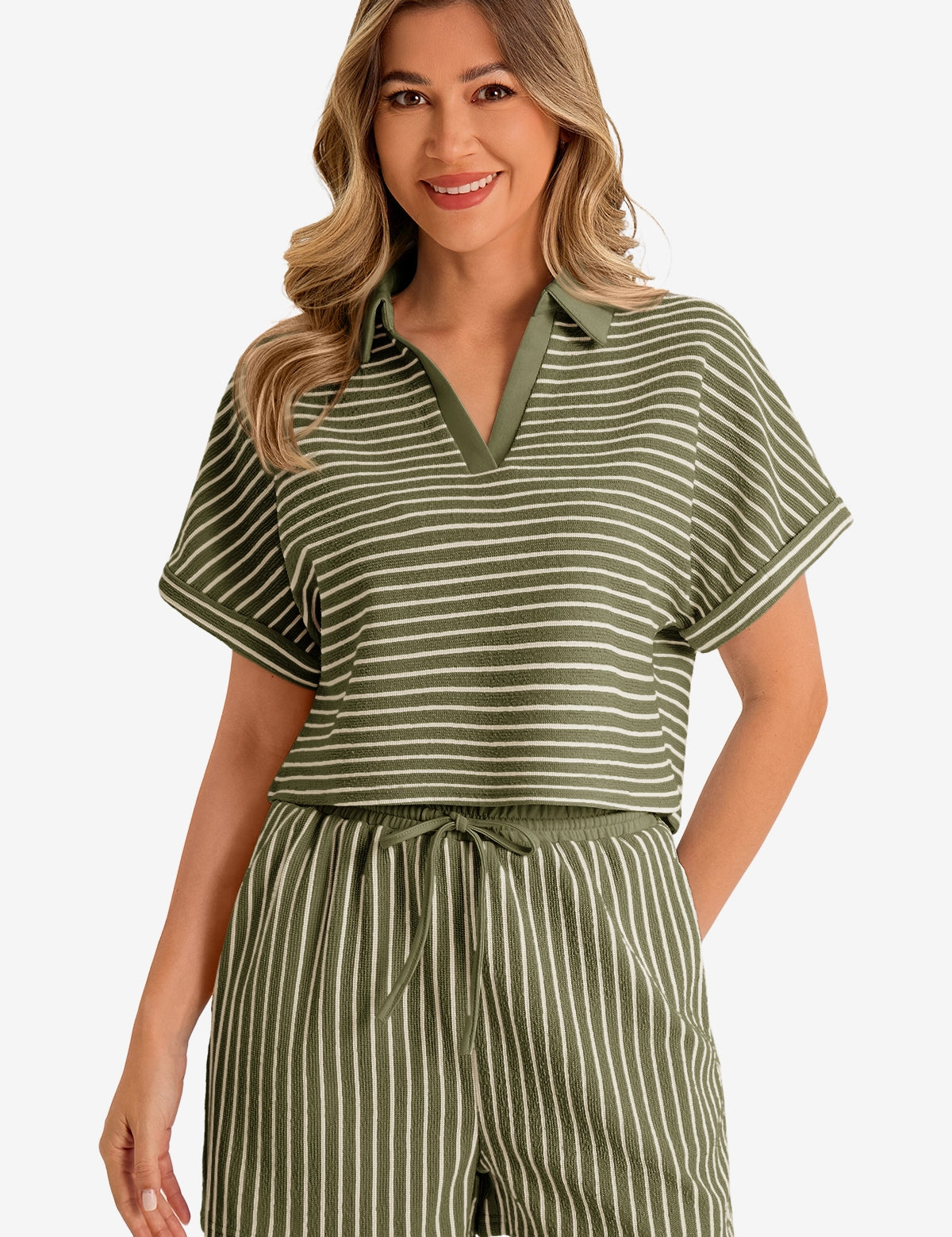 Womens Army Green Striped 2 Piece Sets 1