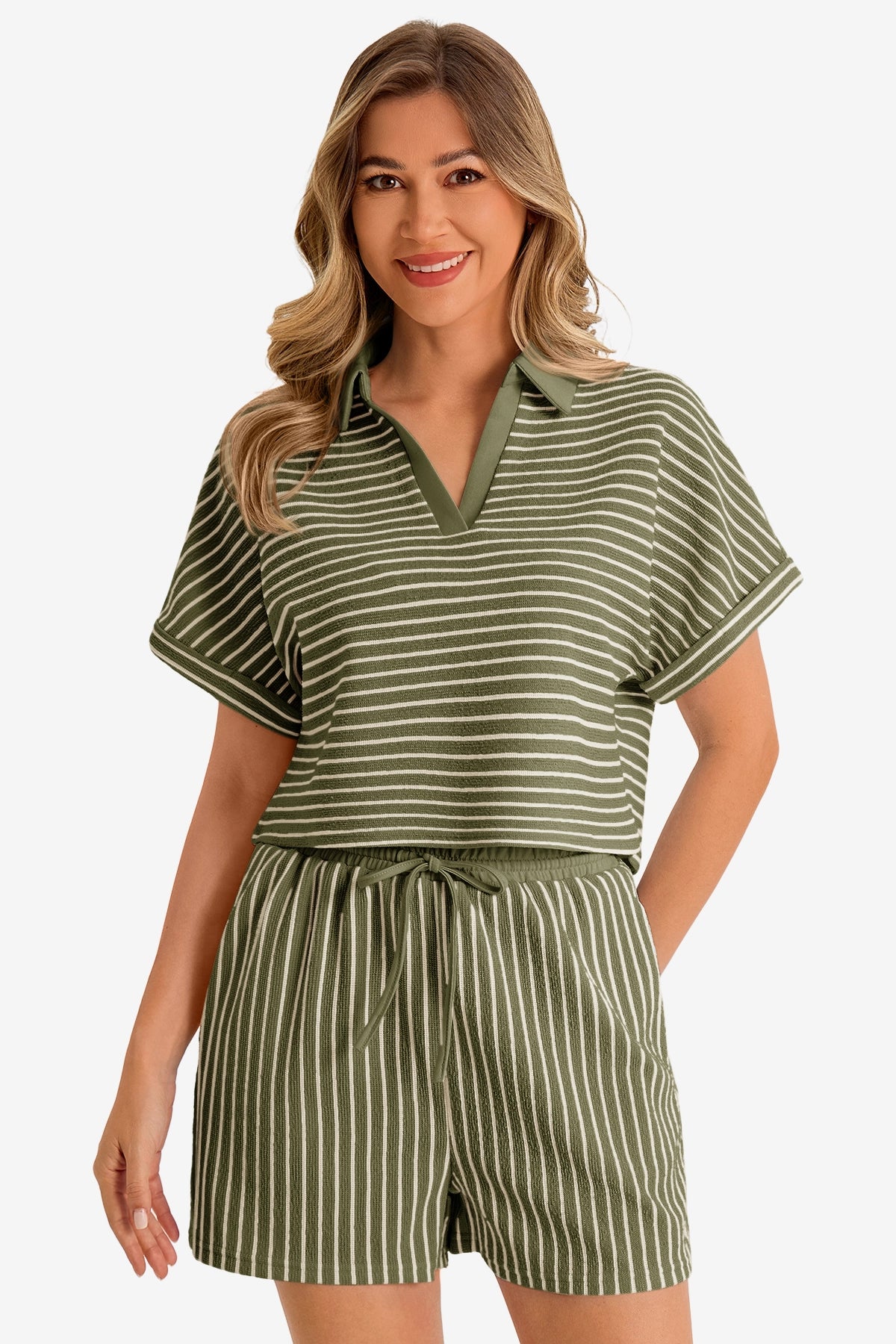 Womens Army Green Striped 2 Piece Sets 1