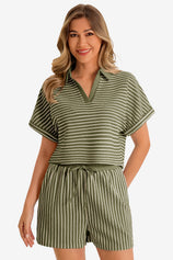 Womens Army Green Striped 2 Piece Sets 1