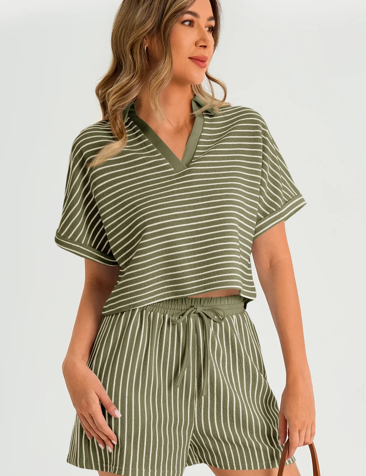 Womens Army Green Striped 2 Piece Sets 2