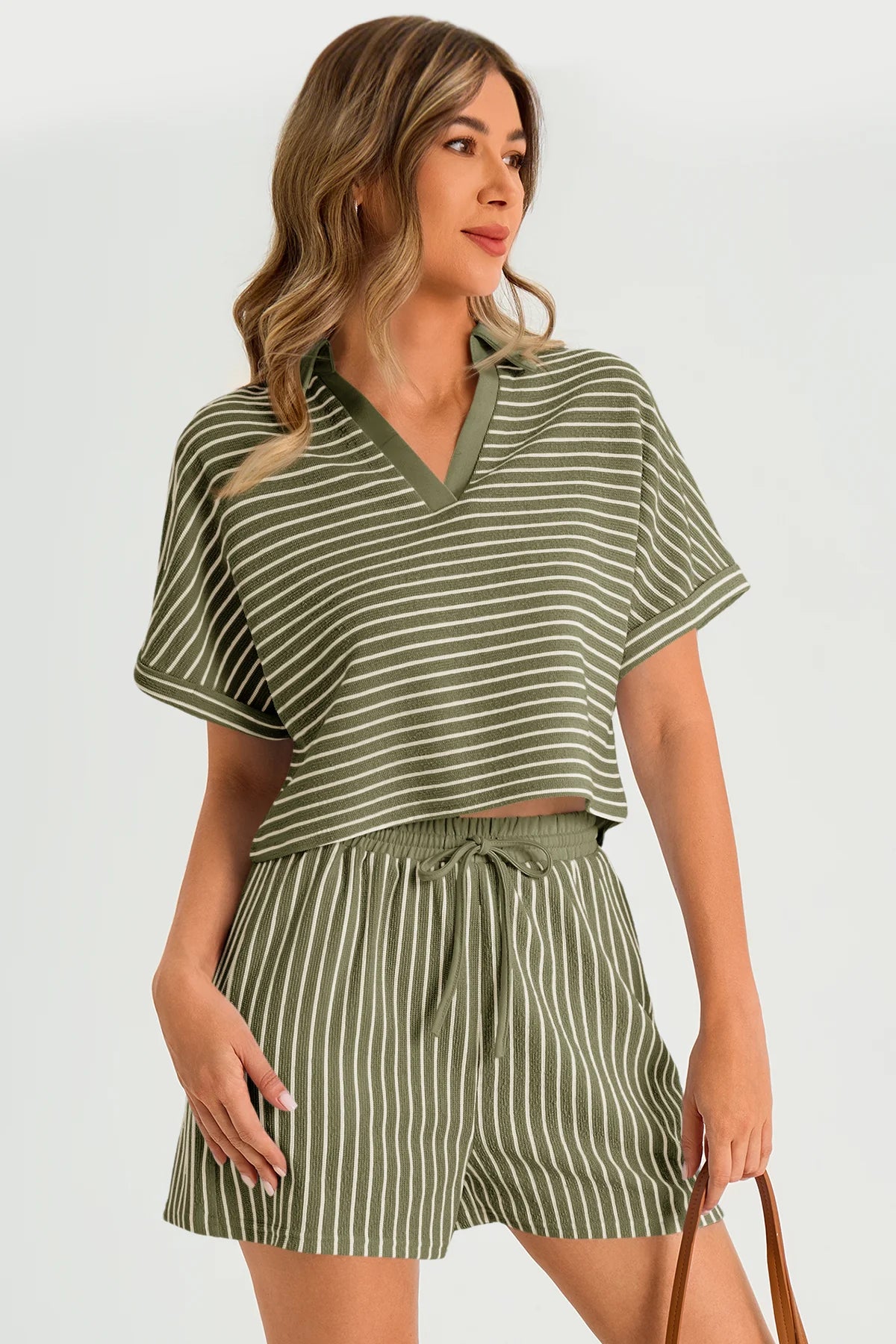 Womens Army Green Striped 2 Piece Sets 2