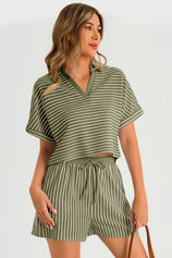Womens Army Green Striped 2 Piece Sets 2