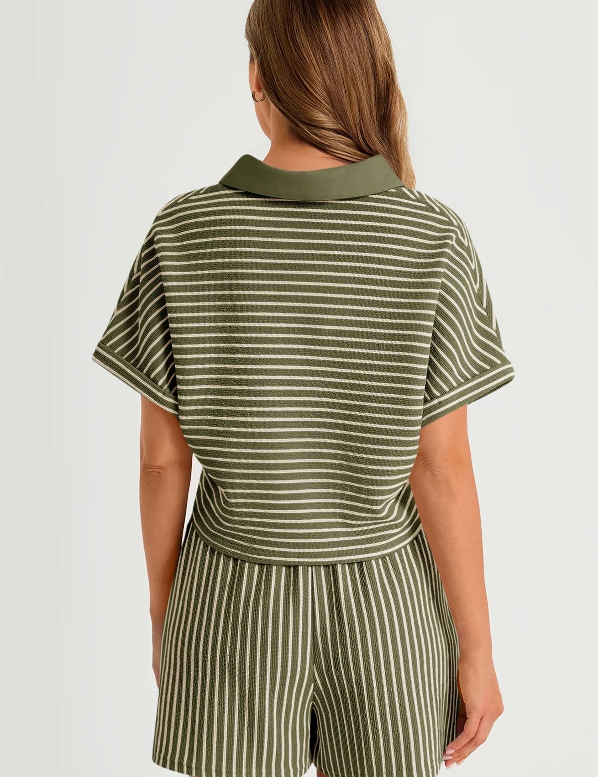 Womens Army Green Striped 2 Piece Sets 3