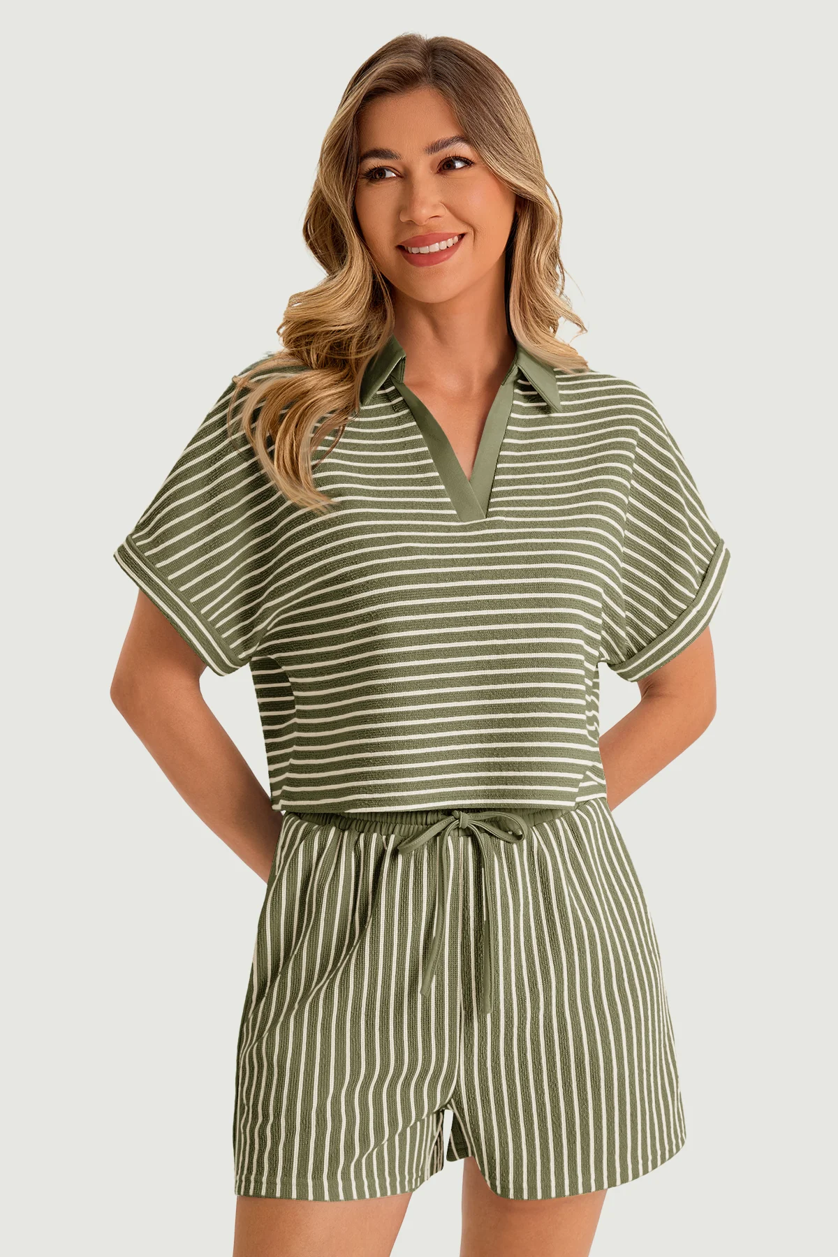 Womens Army Green Striped 2 Piece Sets | CicyBell