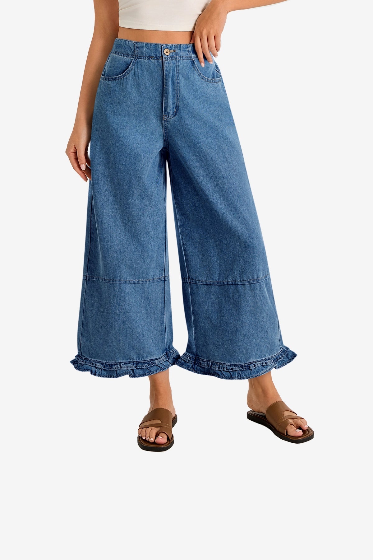 Womens Blue Ruffle Wide Leg Jeans 1