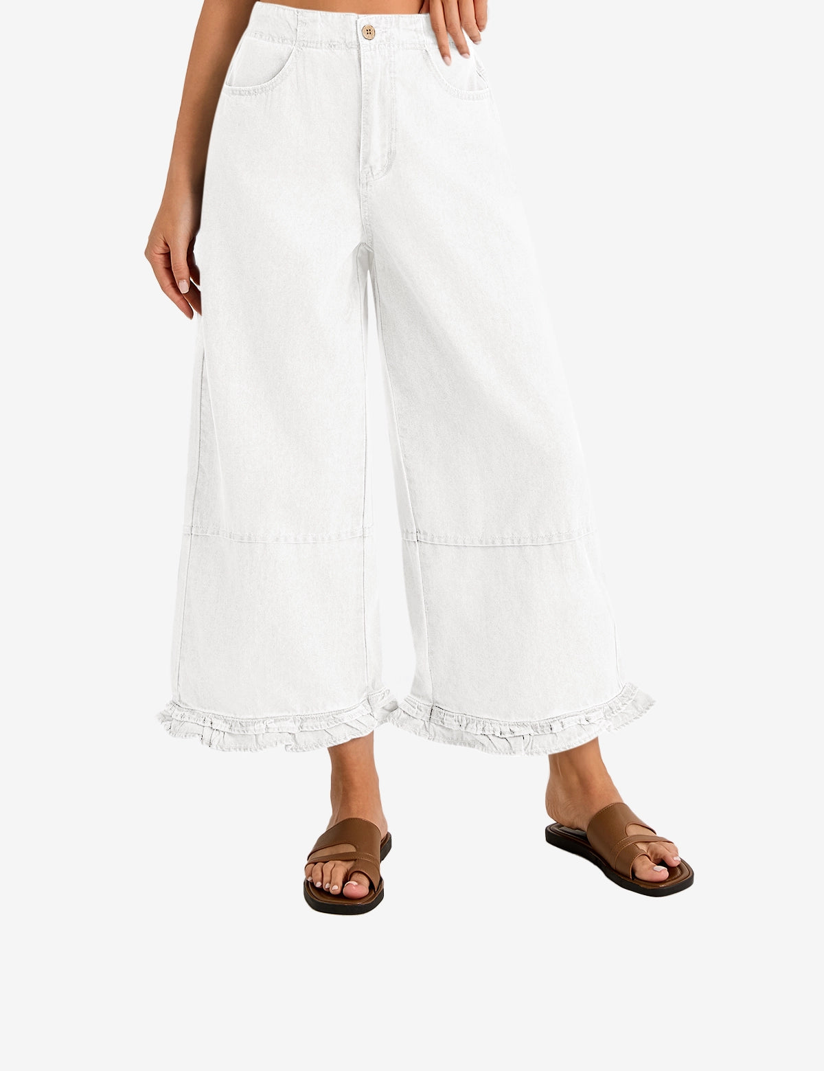 Womens White Ruffle Wide Leg Jeans 1