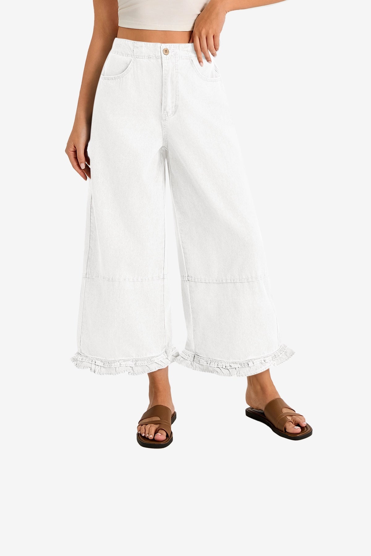 Womens White Ruffle Wide Leg Jeans 1