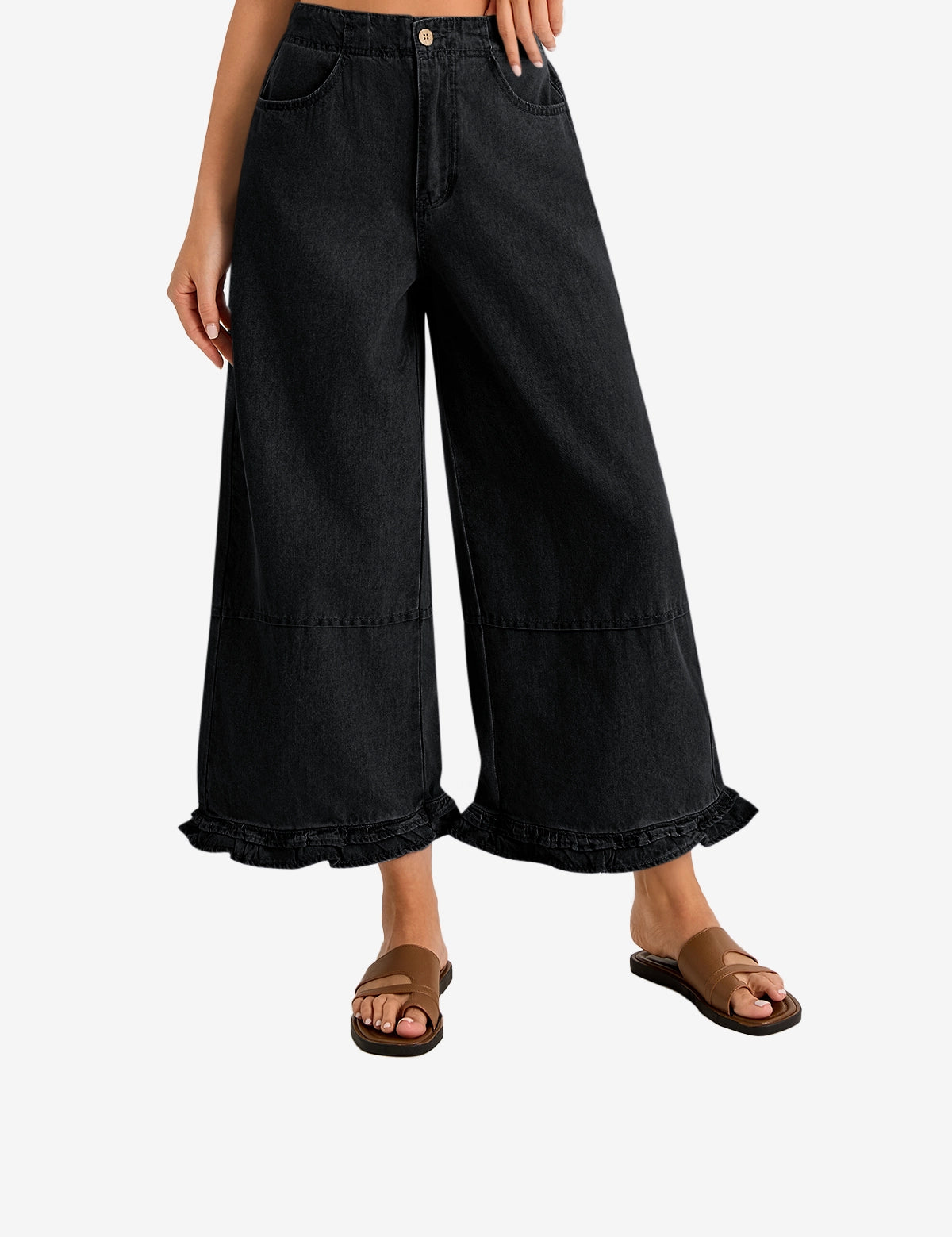 Womens  Black Ruffle Wide Leg Jeans 1