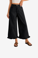 Womens  Black Ruffle Wide Leg Jeans 1