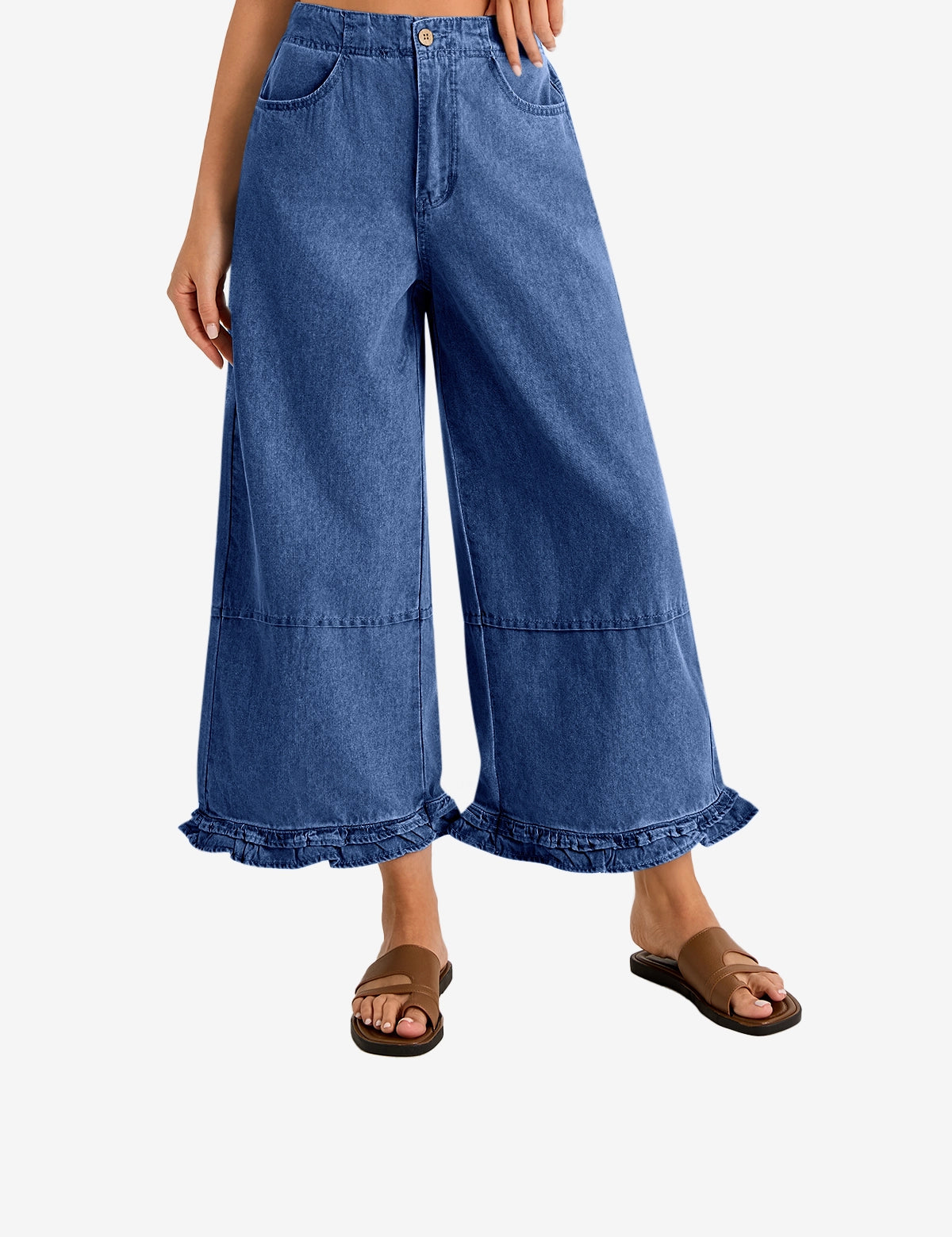 Womens Dark Blue Ruffle Wide Leg Jeans 1