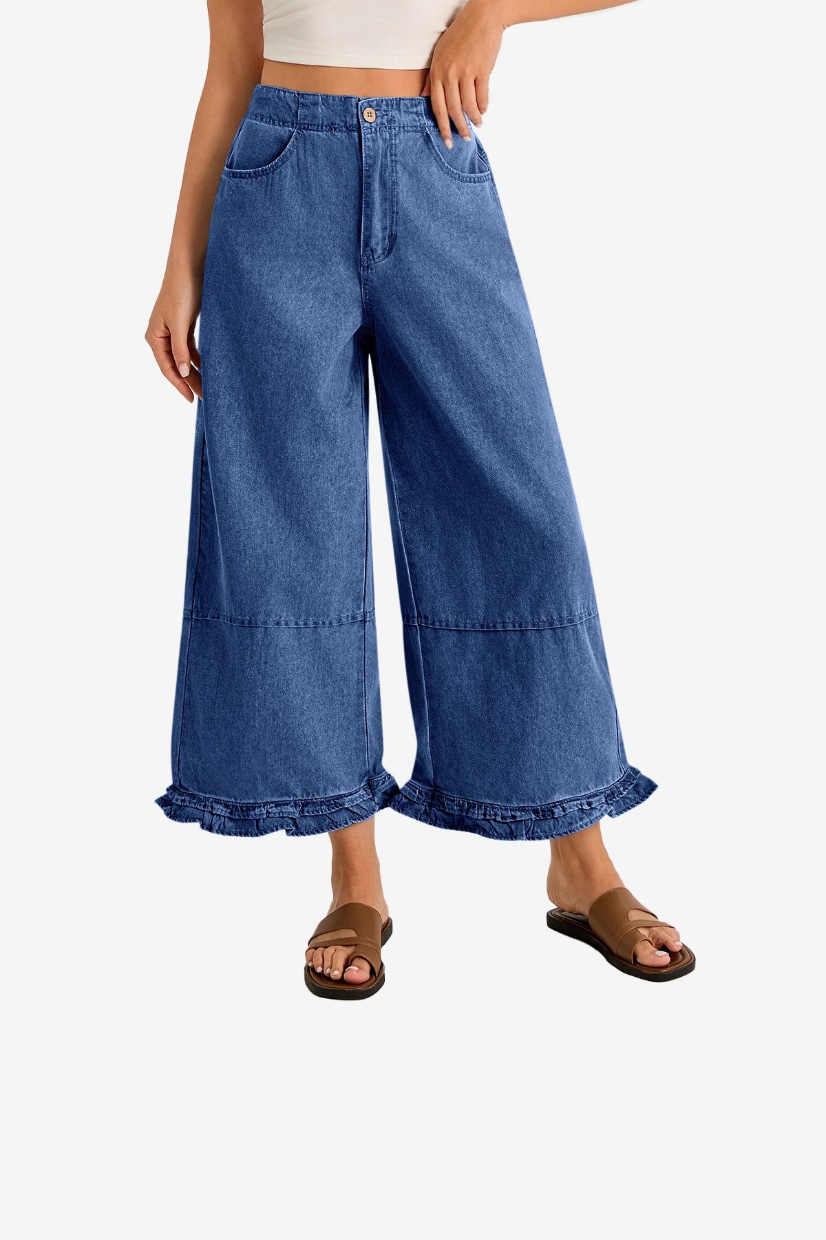 Womens Dark Blue Ruffle Wide Leg Jeans 1