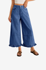 Womens Dark Blue Ruffle Wide Leg Jeans 1
