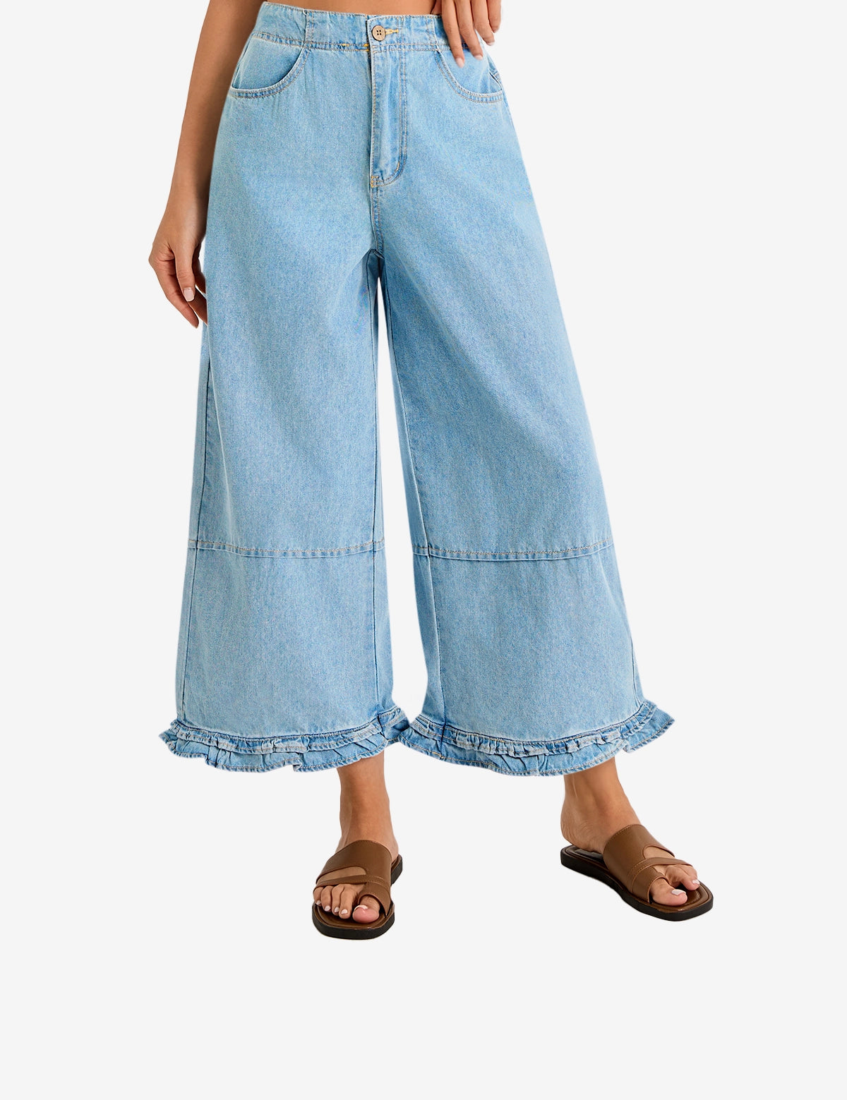 Womens Light Blue Ruffle Wide Leg Jeans 1