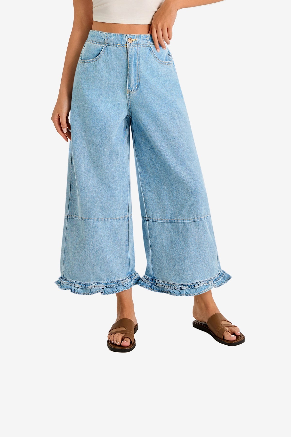 Womens Light Blue Ruffle Wide Leg Jeans 1