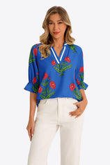 Womens Royal Blue Boho Floral Blouses 1