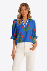 Womens Royal Blue Boho Floral Blouses | CicyBell