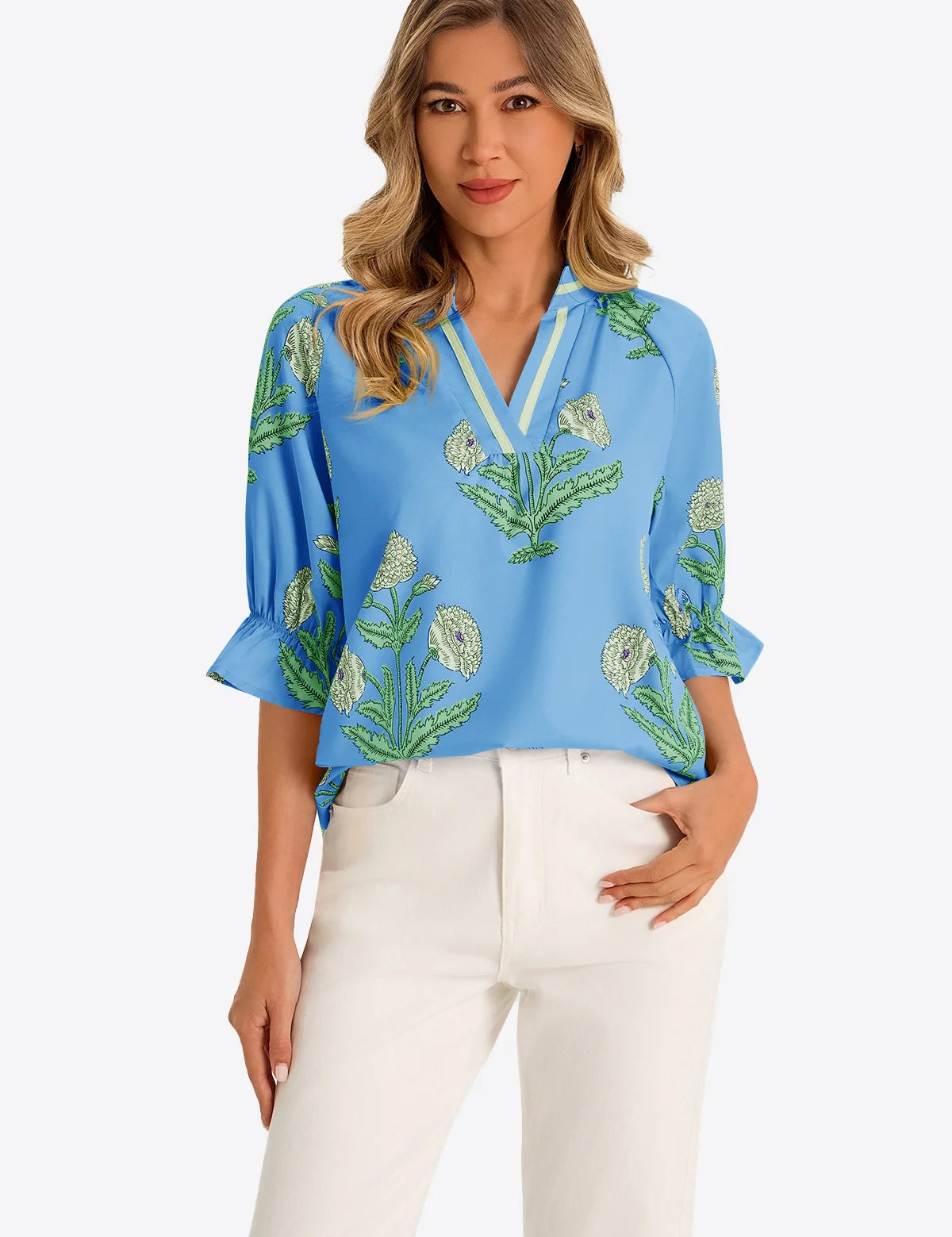 Womens Blue Boho Floral Blouses 1