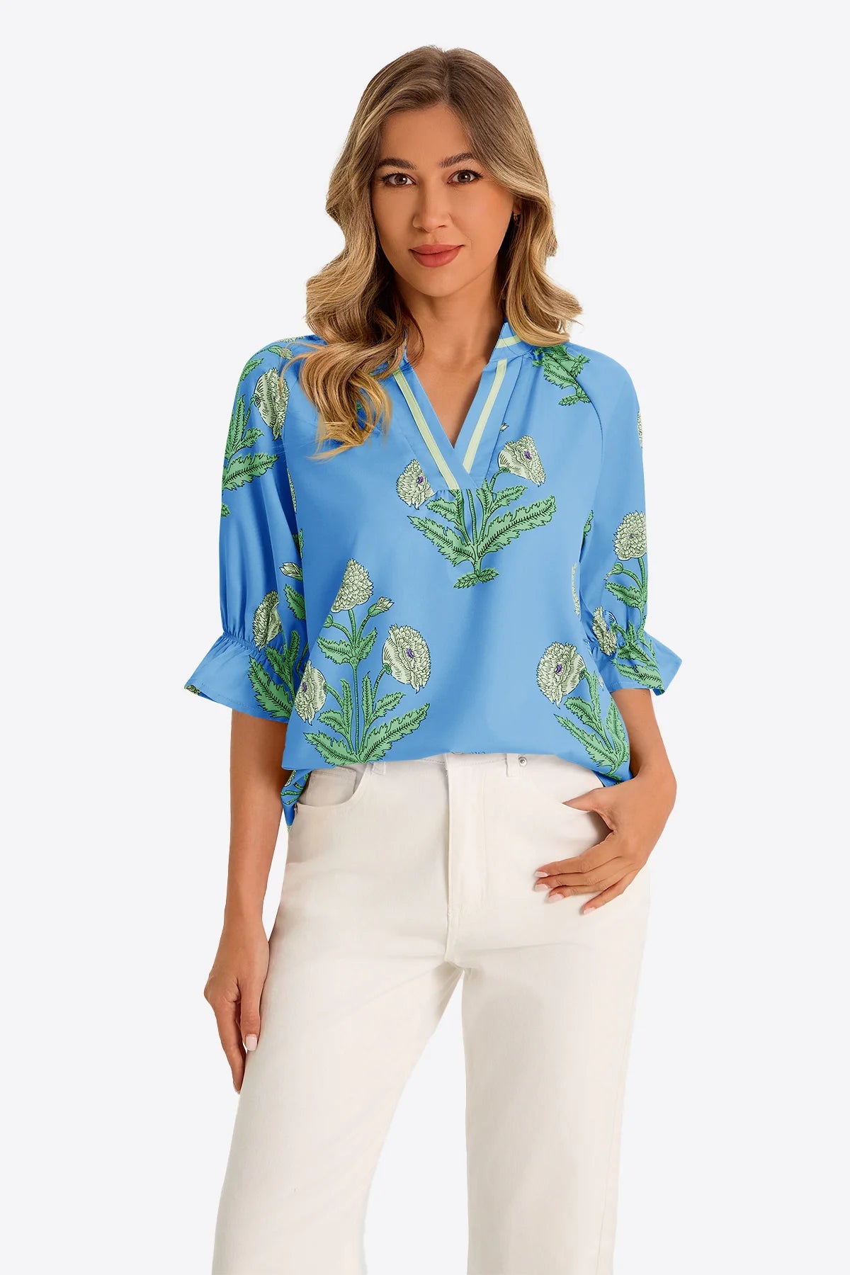 Womens Blue Boho Floral Blouses 1