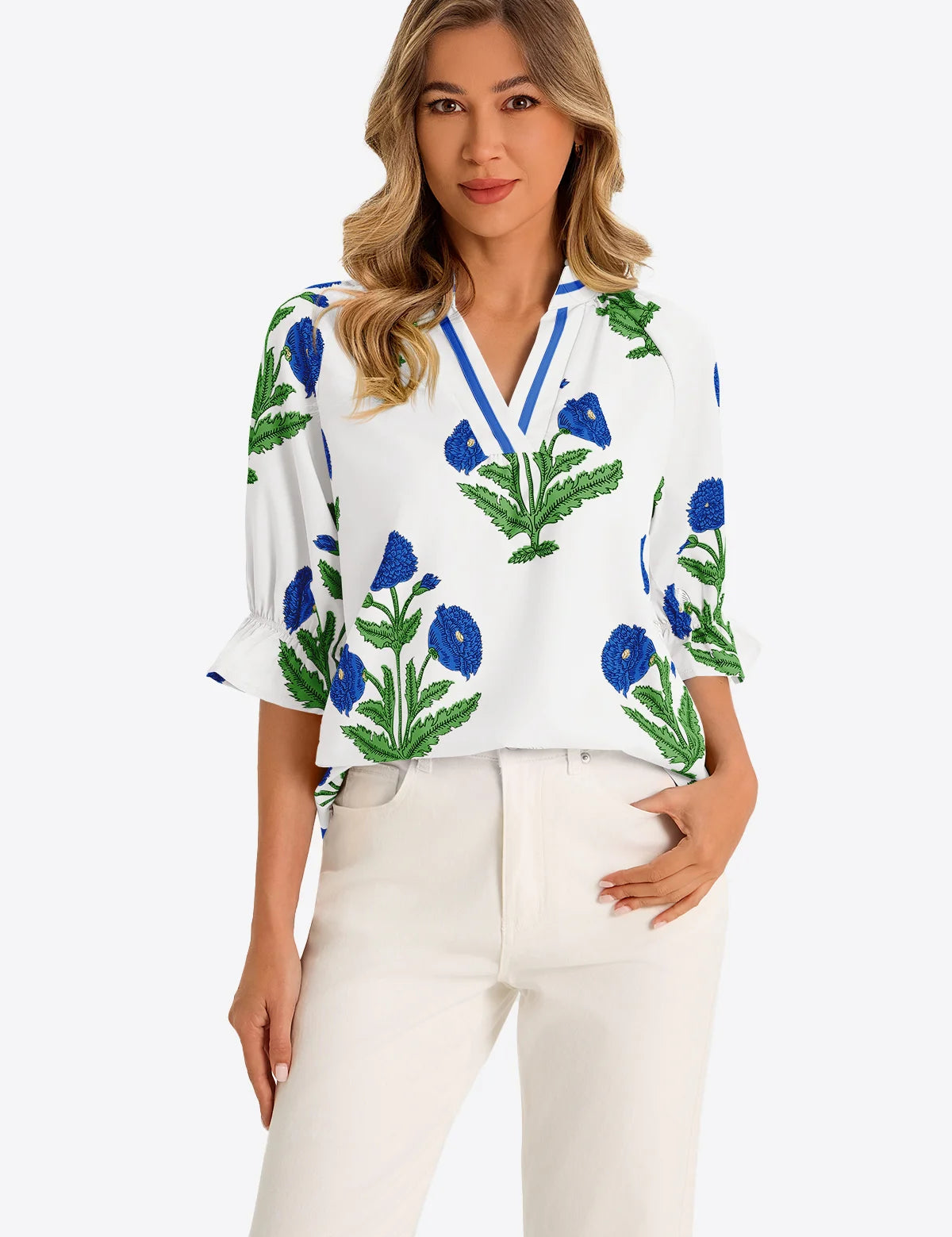 Womens White Boho Floral Blouses 1
