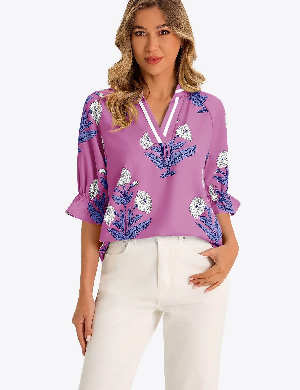 Womens Pink Boho Floral Blouses 1