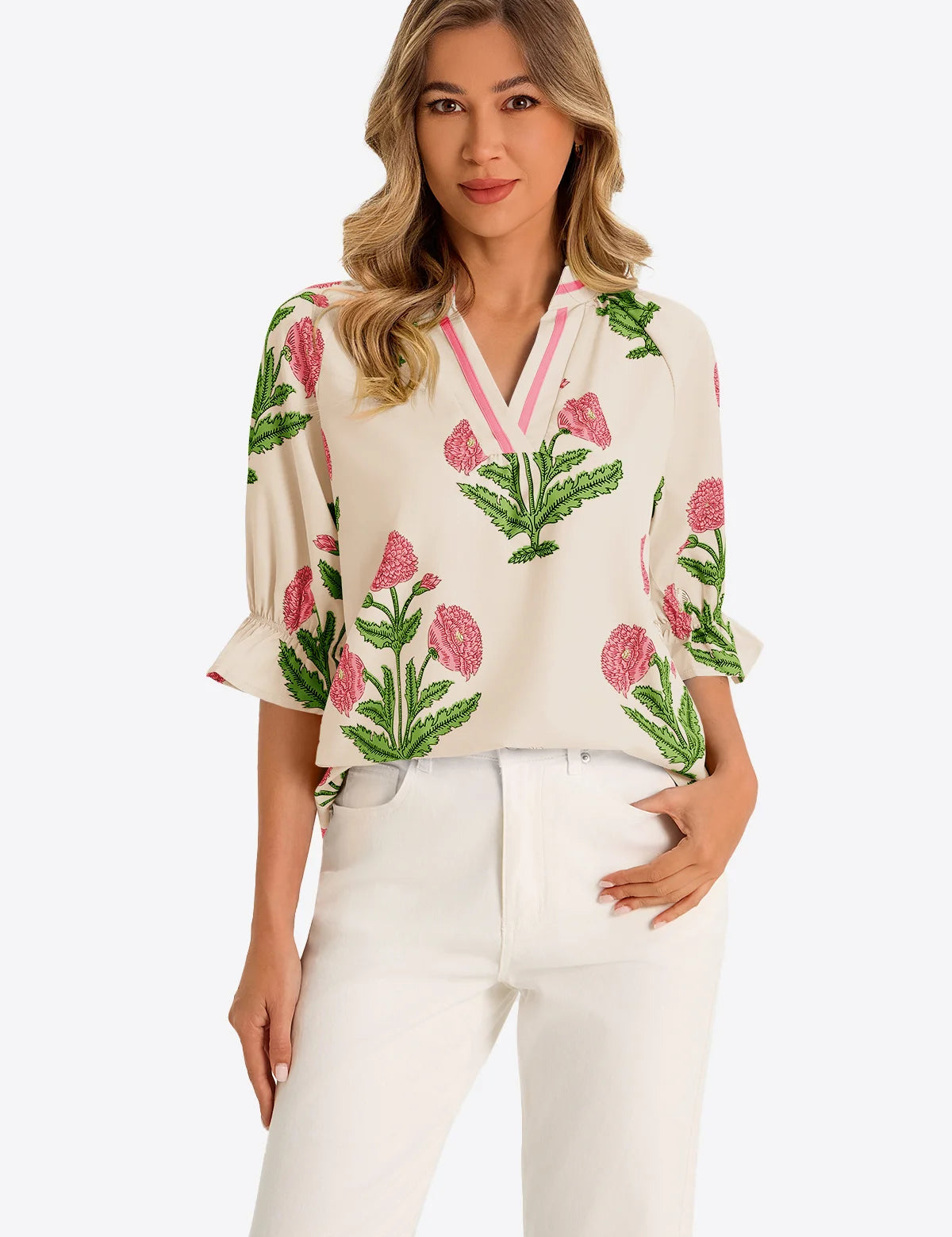 Womens Beige Boho Floral Blouses 1