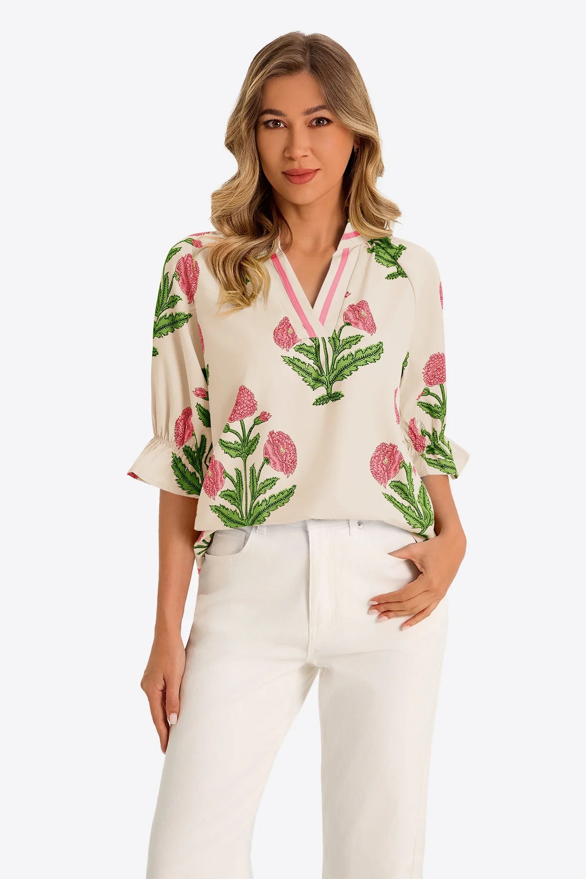 Womens Beige Boho Floral Blouses 1