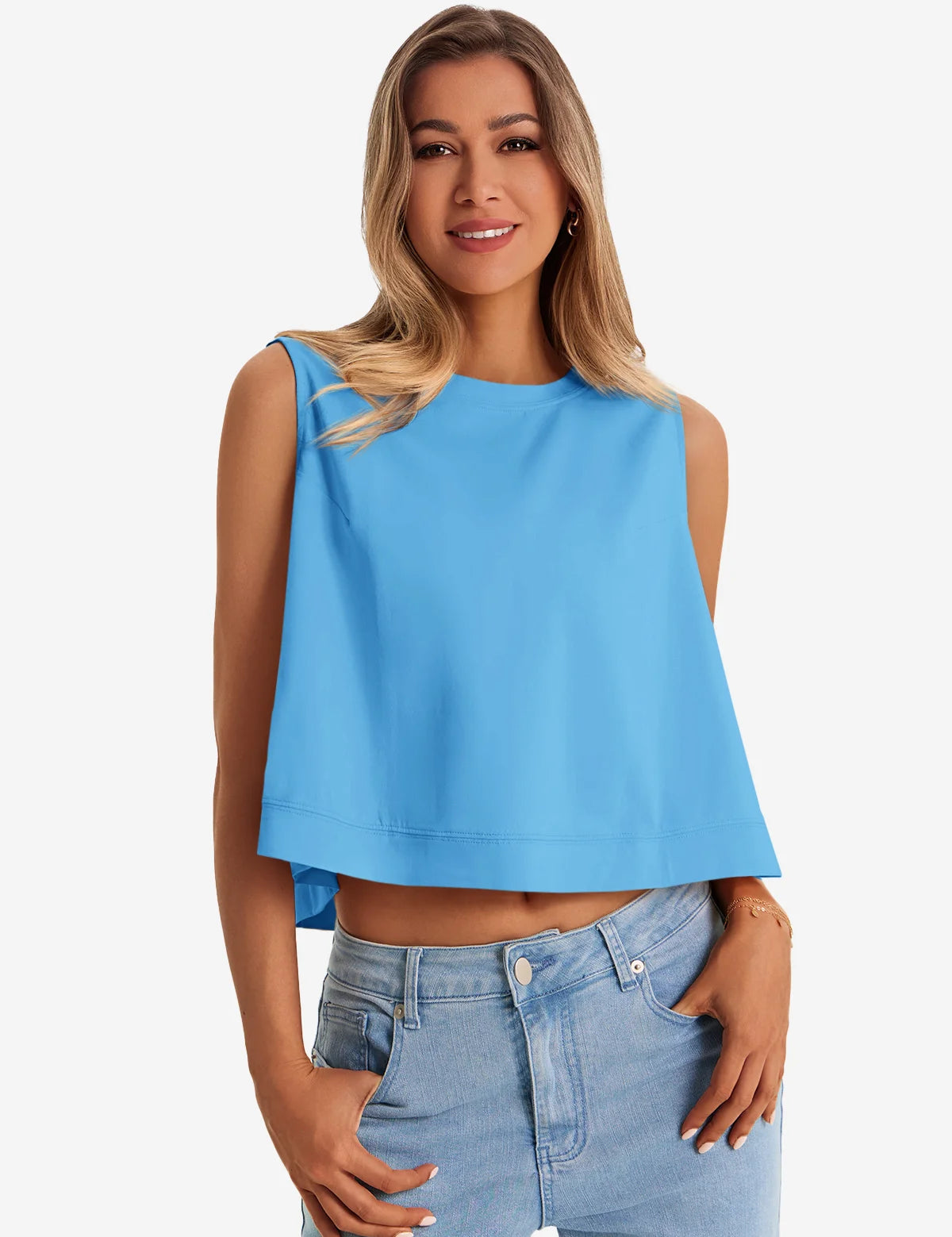 Womens Bluish Grey Casual Cropped Tank Tops