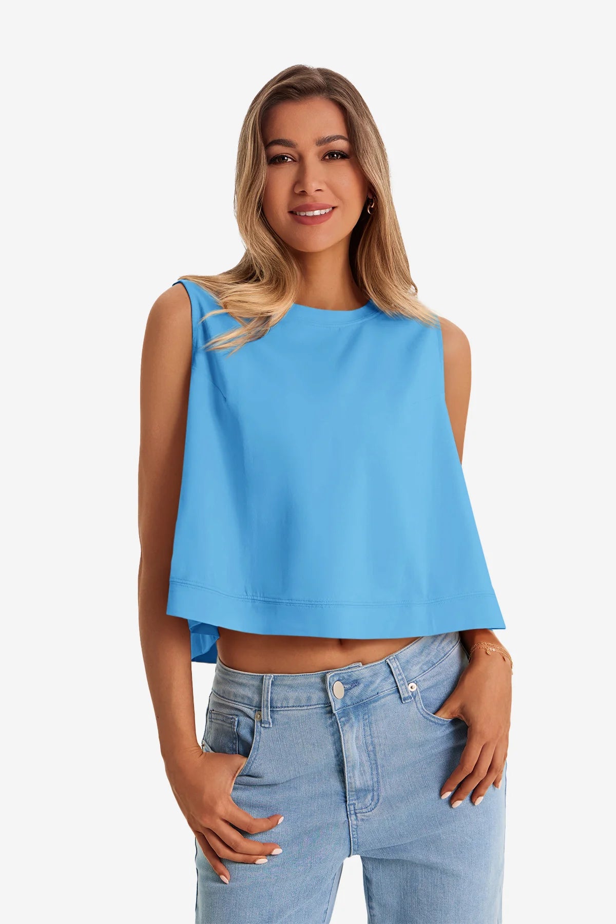 Womens Bluish Grey Casual Cropped Tank Tops