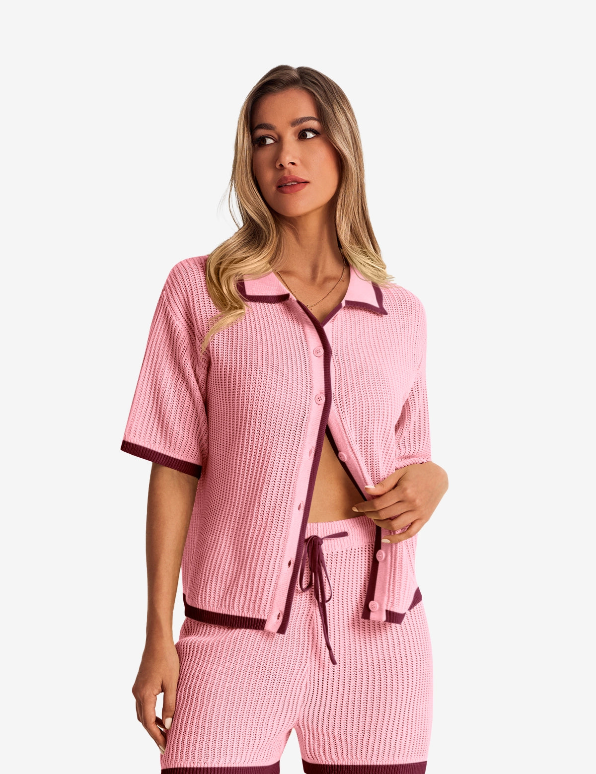 Womens Pink Color Block 2 Piece Sets 1
