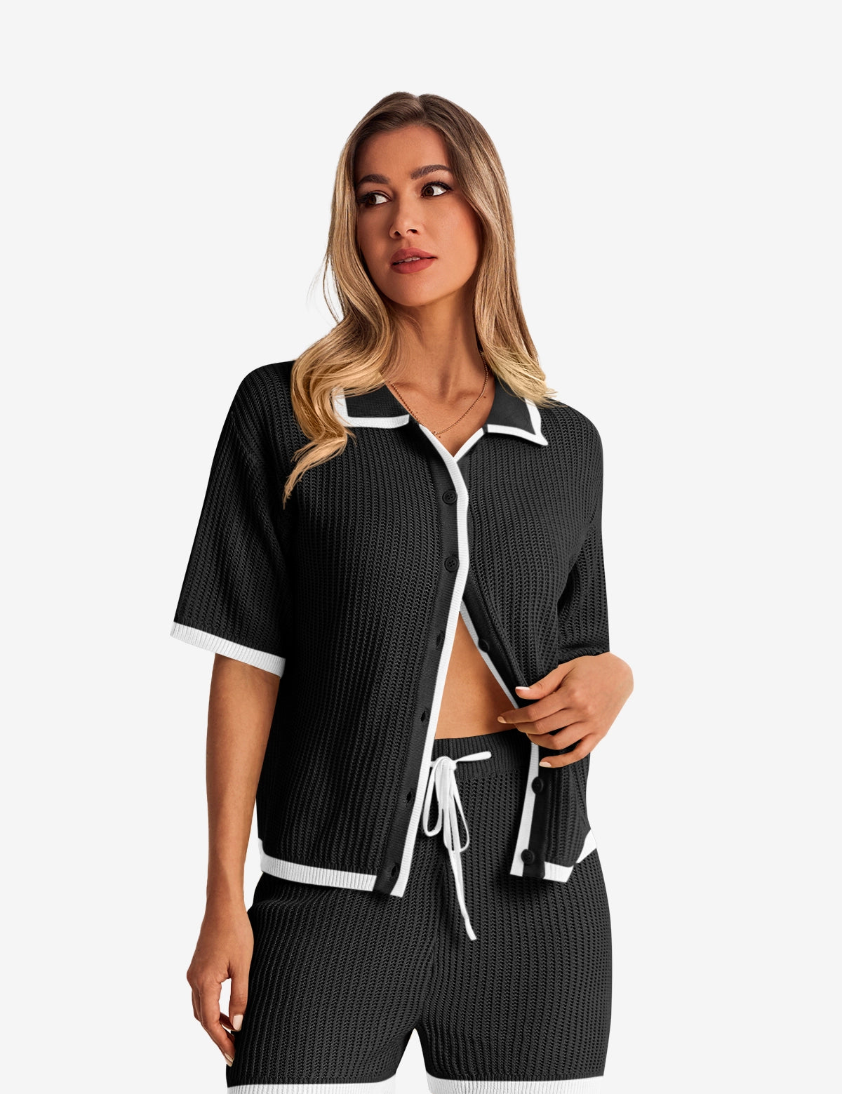 Womens  Black Color Block 2 Piece Sets 1