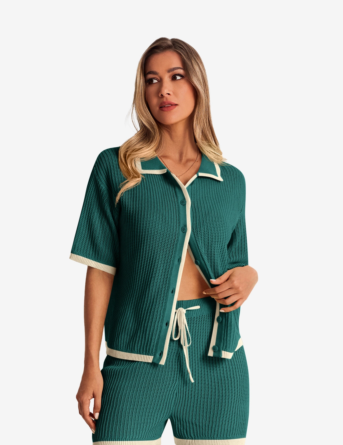 Womens Deep Green Color Block 2 Piece Sets 1