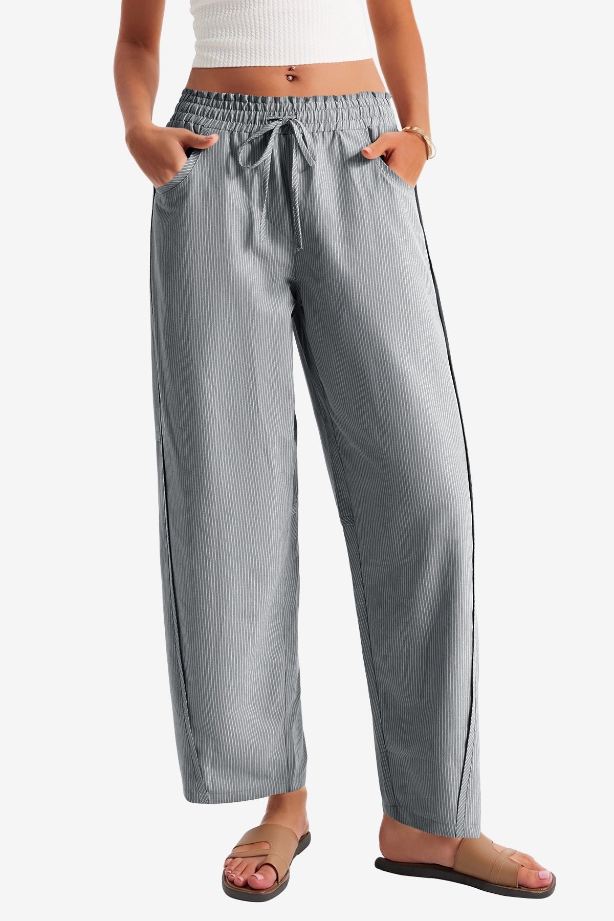 Womens Dark Grey Wide Leg Striped Pants 1