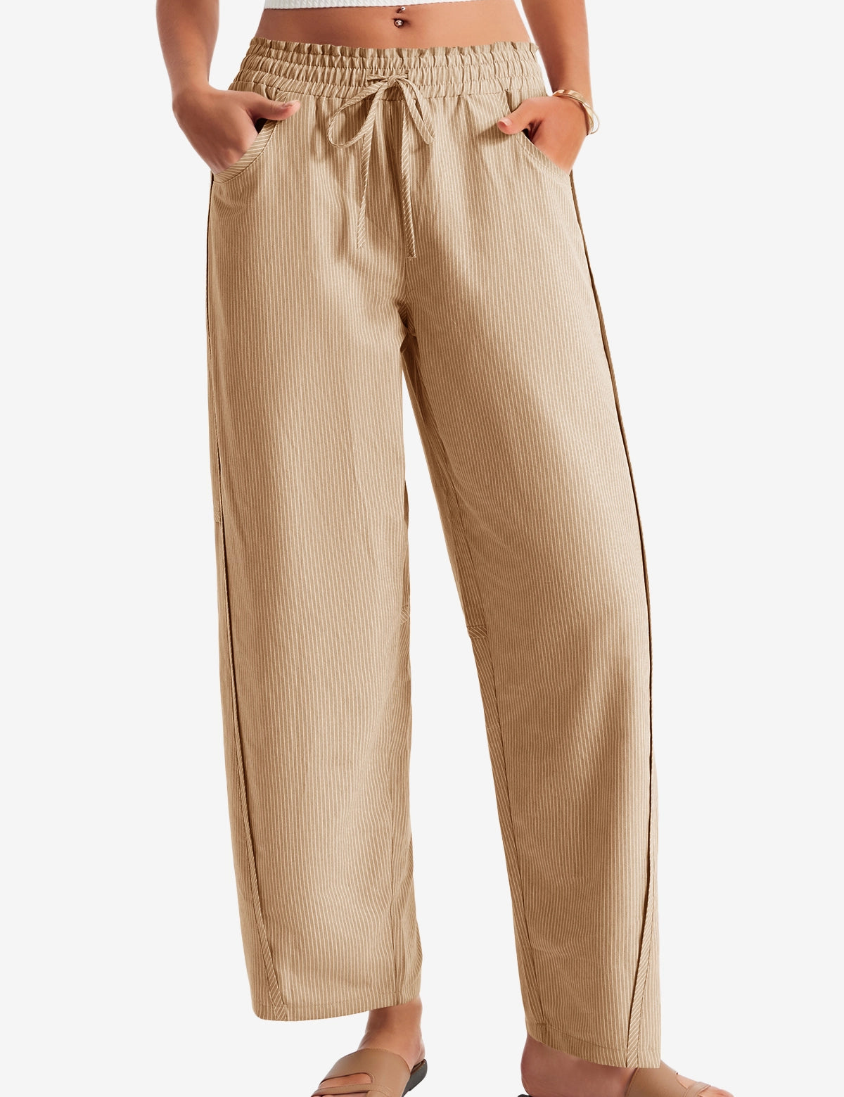 Womens Khaki Wide Leg Striped Pants 1