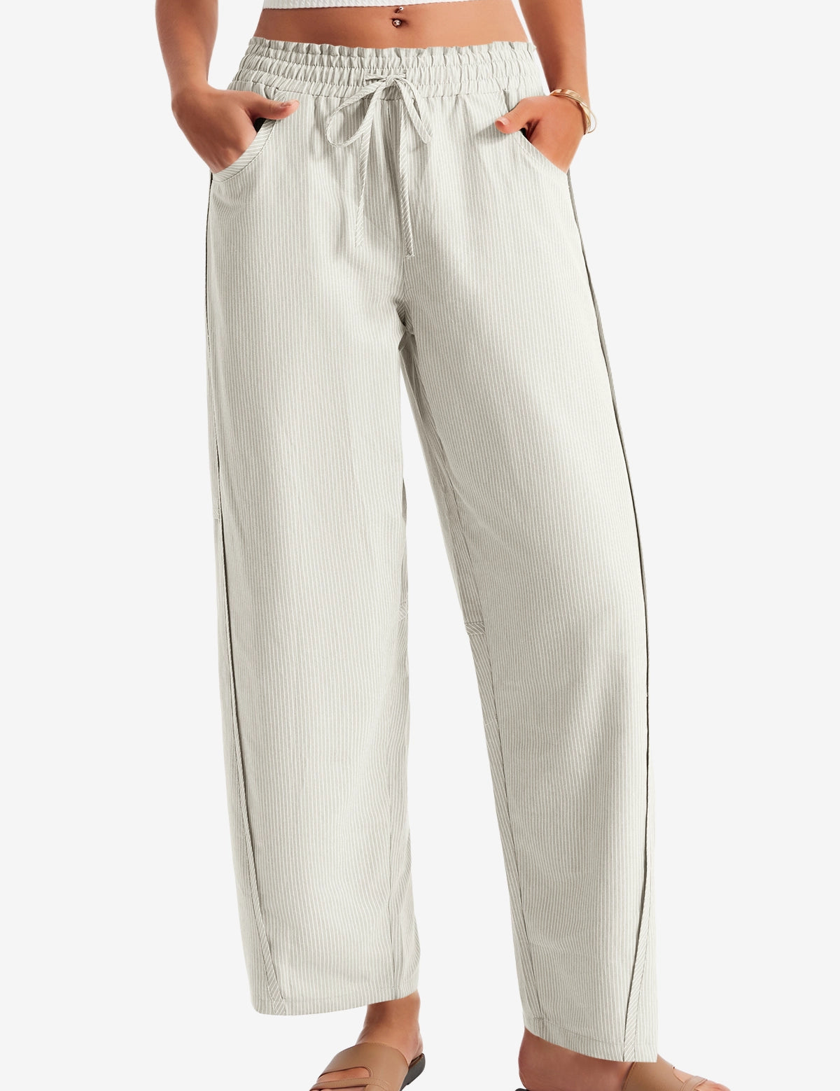 Womens Beige Wide Leg Striped Pants 1
